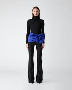 A11277 Women's Black Turtleneck Top & Flared Pants Set: Bold Blue Rose Sash - Elegant Office/Cocktail Party Two-Piece Outfit