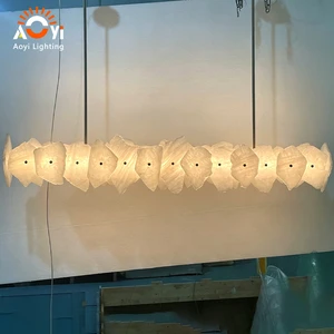 Linear Marble Slice Chandelier with Irregular Petal Shades for Modern Dining Room and Hotel Bar Long Horizontal Pendant Light