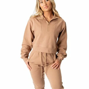 100% cotton Casual women Two-Piece Set Knitted Full Sleeve Zipper Top With Matching Pants Solid Color Loose Fit All Seasons wear