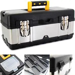 Plastic Tool Box Portable Lockable Storage Stainless Steel & Plastic Construction - Removable Tray Toolbox Organizer
