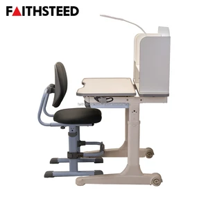 Height Adjustable Student Desk and Chair Set Modern School Classroom Furniture with Multi-tier Bookshelf and LED Study Lamp