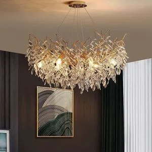 Luxury Metal Crystal Cascade Banquet Hall Art Deco Round Leaf Branch Indoor Hanging Lamp Decorative Pendant Light