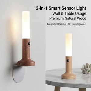 Smart Wooden Motion Sensor Night Light 500mAh USB Rechargeable Magnetic Wall Lamp Table Lamp 2-in-1 Decor For Bedroom Hallway