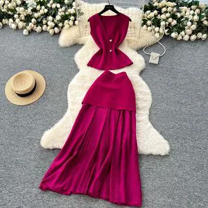 Temperament Twinset Summer High-Grade Sleeveless Knitted Top High Waist Stitching Sheath Skirt Suit