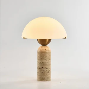 Online Wholesale Japanese Mushroom-shaped Decorative Table Lamp Natural Travertine Base With Glass Lampshade Bedside Table Lamp