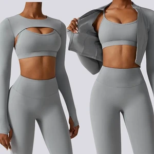 Custom Logo Women Sports Bra Long Sleeve Crop Tops Zip-up Yoga Jackets High Elastic Waist Workout Leggings Gym Fitness 4pcs Sets