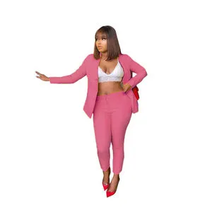 Ladies High Waist Blazer and Pencil Pants Set Summer Solid Spandex Knitting Short and Long Tops XS