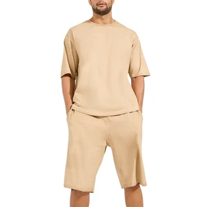 Summer 2 Piece Solid Outfits Set Short Sleeve Lightweight Breathable Elastic Waist Casual Wear High Quality Cotton Polyester