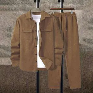 Men's Casual Solid Color Suit Set with Long Sleeve Shirt and Matching Trousers for Daily Wear and Youth Fashion