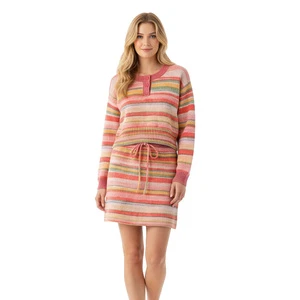 Custom Women Knit Sweater Suit Long Sleeve Crew Neck Button Ladies Knit Pullover Sexy Stripe Jacquard Women Knit Skirt Sets