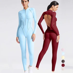 Seamless Half-Zip Long Sleeve Outerwear Fitness Yoga Backless Tight Sports One Piece Yoga Sets Jumpsuits Sports Bodysuit