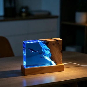 Flat Rectangle Burl Wood Resin Desk Lamp Ocean Blue Epoxy Whale Freediver Micro Landscape USB Beech Wood Base Night Light