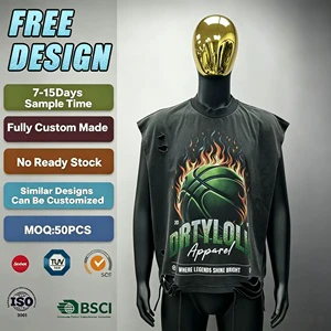 Custom Men Sleeveless Rhinestone Vest Distressed Oversized Hip Hop Boxy Ripped Acid Wash Vintage Printed Graphic Tank Top