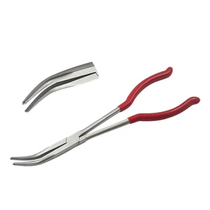 290mm Long Bent Chain Nose Plier Serrated Jaws PVC Handles Steel OEM Jewelry Making Circlip Crimping Applications W/O Spring