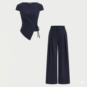 Asymmetric Wrap Peplum Top & Wide Leg Trouser Set Linear Pinstripe Co ord Set Navy Meridian Wrap Two Piece