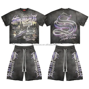 Custom Casual Distressed Tracksuits For Men High Quality Acid Wash Vintage T Shirts And Shorts Set Oversized Cotton Sweatsuit