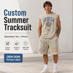 IKDEER Custom Streetwear Dtg Printing Raw Hem Distressed Graphic Acid Wash Sleeveless T Shirt And Sweat Shorts Set Tank Top Men