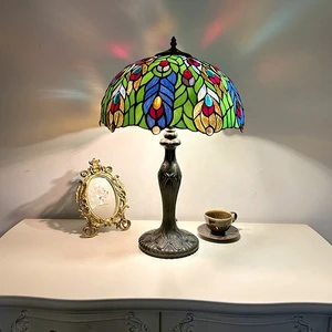 Longhuijing for Style 16-Inch Dome Stained Glass Eco-Friendly Green Peacock Lampshade Handmade Mediterranean LED E27