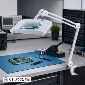 Large Square Frame Magnifier Lamp Optical Glass Lens Triple Joint Metal Cantilever Arm Screw Table Clamp Led Ring Light