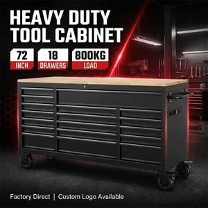 72 Inch Heavy Duty Mobile 18 Drawer Steel Tool Cabinet Rolling Tool Chest Workbench with Wooden Top