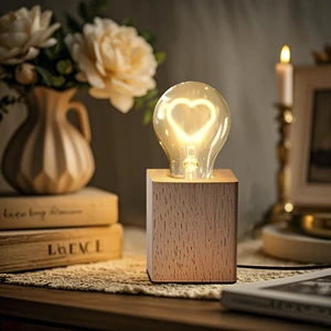 Modern 2W A60 220V-240V Glass Globe Lamp With Heart Shape Bulb LED Night Light For Bedroom Ambient Lighting Wooden Base