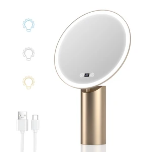 3 Color Lights Adjustable Brightness LED Ring Light Makeup Mirror Gold Stand Adjustable Angle Rechargeable Cosmetic Mirror