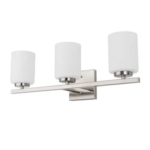 3-Light Modern Brushed Nickel Vanity Sconce Horizontal Bar Design White Glass Shade Bathroom Mirror Light Fixture
