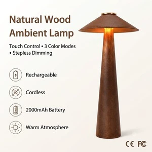 Rechargeable Wooden Mushroom Table Lamp Touch Control 3 Color CCT LED Night Light Bedroom Desk Ambient Home Decor Gift