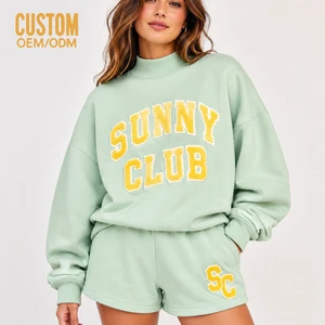 Custom Women's Towel Embroidery Mock Neck Oversize Sweatshirt With Cotton Shorts Fleece Casual Loungewear 2pcs Set Manufacturer