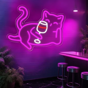 Free Design Custom Bar Atmosphere Decorative Lazy Wine Cat Purple Lighting Color Illuminated LED Neon Wall Light for Sale