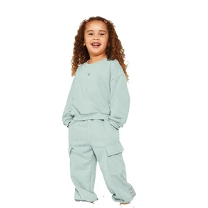 Girls Light Blue Cotton Tracksuit Set Full Sleeve Crew Neck Casual Loose Fit With Side Pockets Spring Wear