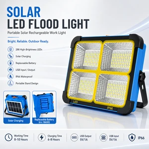 Portable Solar LED Flood Light 288LED Rechargeable Camping Lamp IP66 Waterproof Outdoor Emergency Work Light