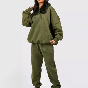 Women Olive Green Hooded Tracksuit Set Casual Full Sleeve Solid Color Sweatshirt And Pants Loose Fit Autumn Wear