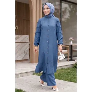 Indigo Two-Piece Set with Embellished Sleeves Casual Style for Spring Season