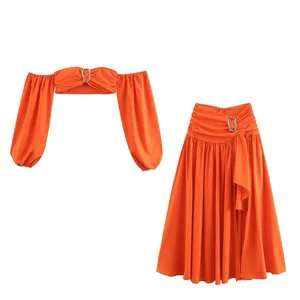 Women's Casual Summer New Pullover Tube Top Split Short Skirt Suit Ring Buckle Long Sleeve Solid Pattern Wholesale Foreign Trade
