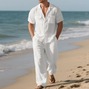 Custom Logo Summer Linen Loose Men's Casual Workwear Short-sleeved Shirt and Long Pants Set Beachwear