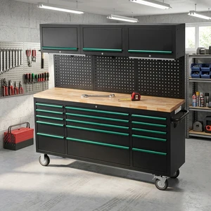 72 Inch Heavy Duty Rolling Tool Chest Rubberwood Worktop 15-Drawer Garage Storage Cabinet OEM/ OBM 900kg Load Capacity Powder