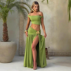 New Hot Selling Women's Suit Sexy Tube Top Vest Pure Color Split Long Skirt Two-Piece