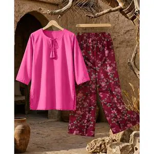 MUZANG Basic Coords Set Pure Cotton Lawn Casual Style Three-Quarter Sleeves for Spring/Summer