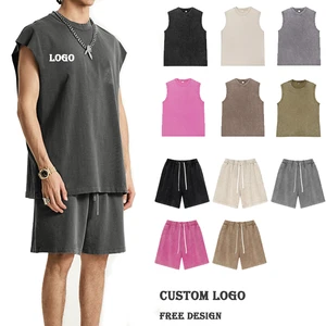 2026 Oversized Custom High Quality Cotton Men's Workout Gym Tank Top&Shorts Adults Sleeveless Cut Off Acid Wash Summer Sets