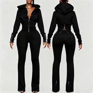 Women's Custom Logo Fashionable Tracksuits Sweatsuits Embroidered Sport Pants Zipper Hooded Long Sleeved Top Two Piece Set Women