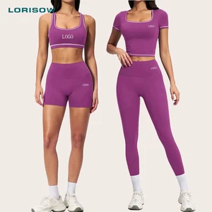 LORISOW Custom Logo 4 Piece Workout Sets Women's Short Sleeve Slim-Fit Sportswear High Waist Tight Sports Fitness Set