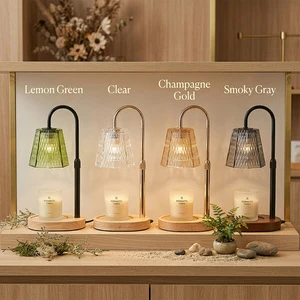 Wholesale Multi-color Flameless Candle Warmer Lamp, Champagne Gold Faceted Glass Shade, Adjustable Curved Metal Arm Wood Base