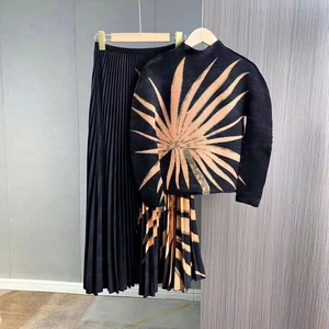 Sheen Miyaki Pleated Full Sleeve Two Piece Casual Suit New Summer Floral Printed Slim T-shirt and Long African Print Skirt Sets
