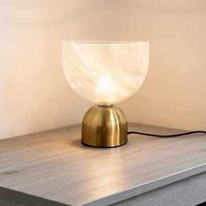 Contemporary Simple DC Powered Transparent Glass Shade Table Lamp with Luxury Brass Base Bedside Nightstand Light