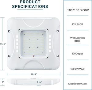 Die Casting Aluminum Tempered Glass LED Canopy Lights For Petrol Station 120 Degree 100w 150W 200W Light Canopy