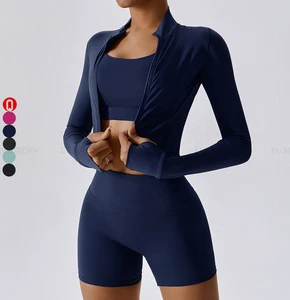 High Quality Women 3 Pieces Long Sleeve Gym Fitness Set Breathable Custom Logo Active Wear Yoga Jacket Bra Shorts Set For Women