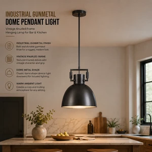 YH Industrial Metal Dome Brass Pendant Light Gunmetal Black Hanging Lamp With Golden Interior Knurled Detail Frame