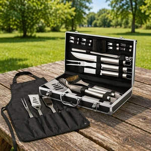 Deluxe 21-Piece BBQ Tool Kit With Reinforced Aluminum Box, Professional Stainless Steel Grilling Essentials