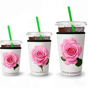 Custom Pink Rose Flowers Sublimation Print Neoprene Sleeve Ice Coffee Ice Cream Keep Cold Long Time 3 Pack One Set